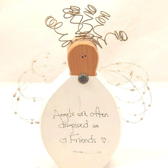 Wooden angel with copper wired hair ANGELS ARE OFTEN DISGUISED AS FRIENDS 8" - Picture 1 of 6